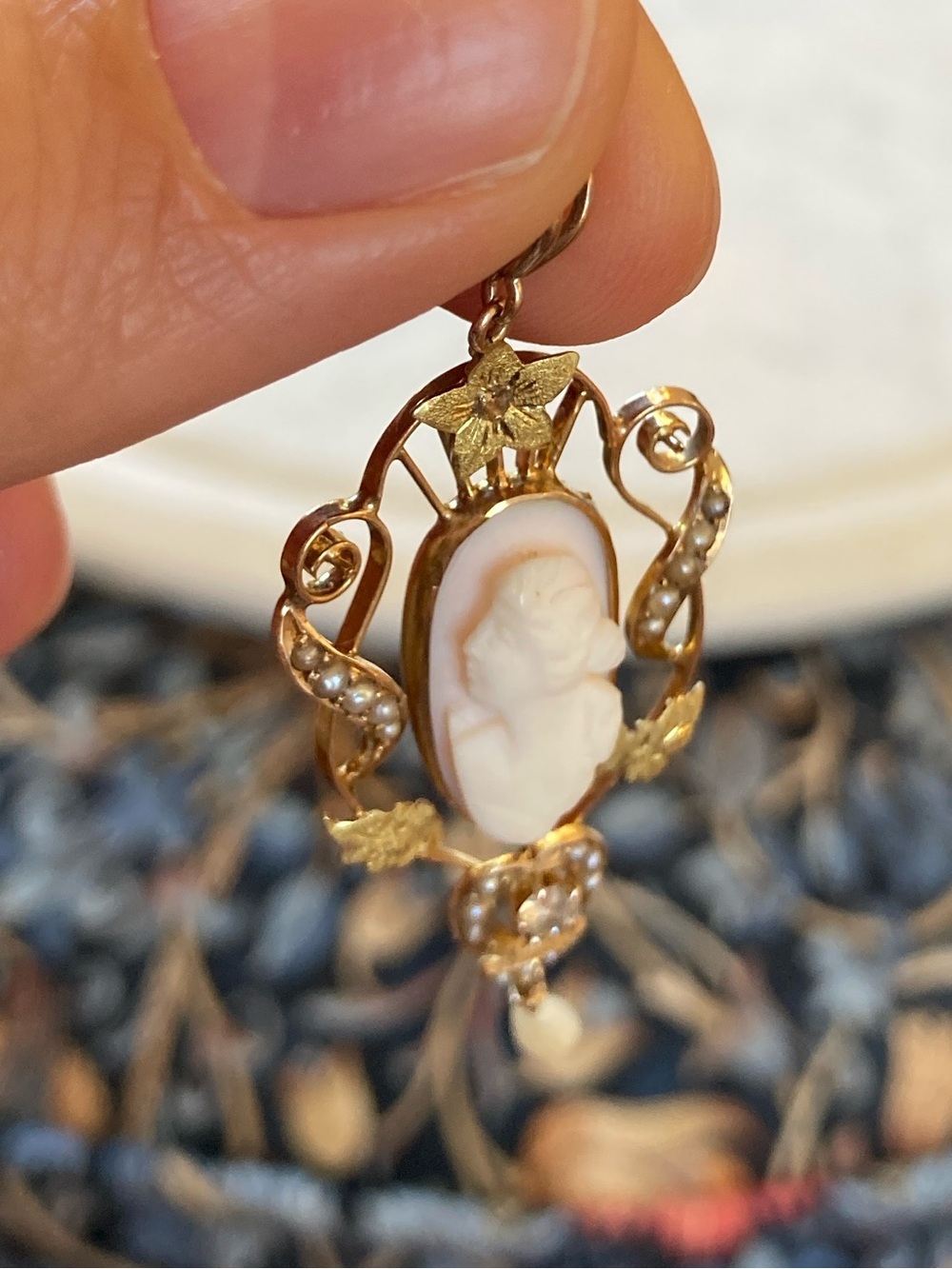 Antique Victorian 10K Diamond, Seed Pearl, Angel Skin Coral Carved Cameo Pendant - Picture 10 of 17